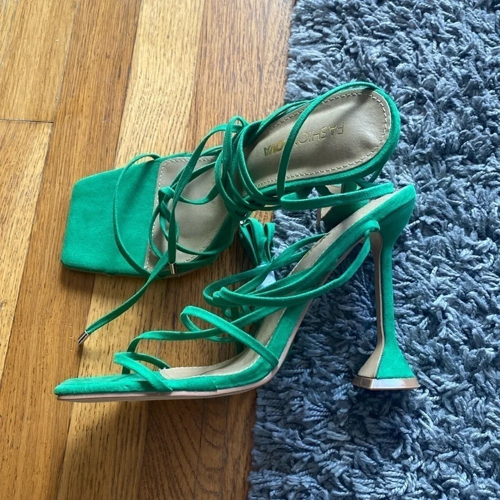 NWOT Fashion Nova Green Faux Suede Pay No Mind Heels Ankle Tie Heels Size 8.5